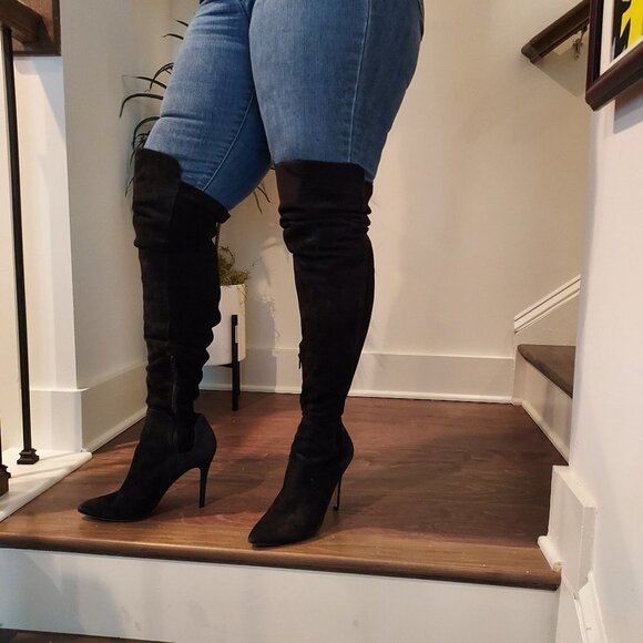 Neiman Marcus Black Over The Knee Suede Boots - Picture 1 of 10
